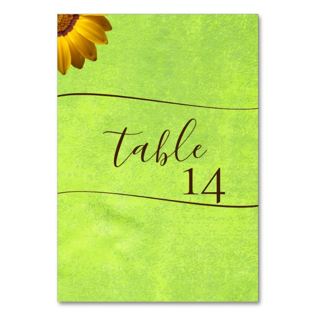 Numeração De Mesa Flores Amarelas no Casamento Verde Abstrato (Frente)