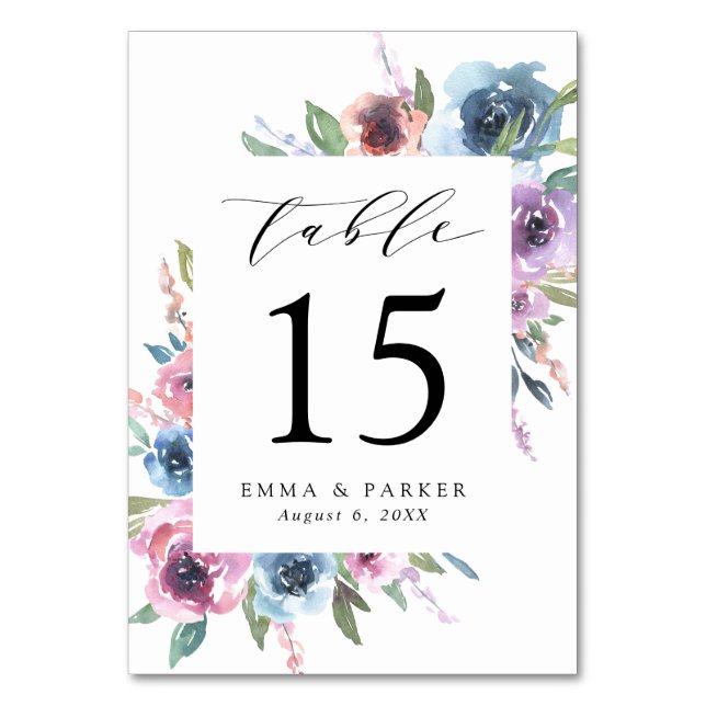 Numeração De Mesa Flores da Meia-Noite | Casamento Floral Roxo e Azu (Frente)