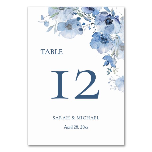 Numeração De Mesa Flores de Aquarela Azul  (Frente)