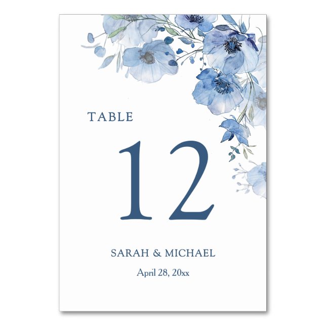 Numeração De Mesa Flores de Aquarela Azul  (Frente)