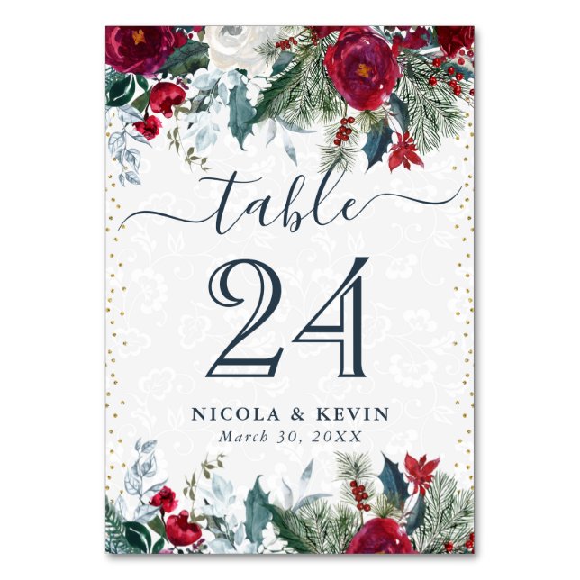 Numeração De Mesa Flores de Inverno Vermelhas e Brancas Casamento (Frente)
