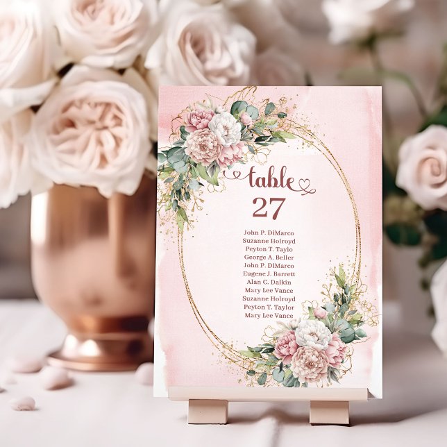 Numeração De Mesa Flores Rosa Bege Folhagem Dourado Brilho Mesa Sig (Blush Pink Flowers Greenery Gold Glitter Table Numbers)