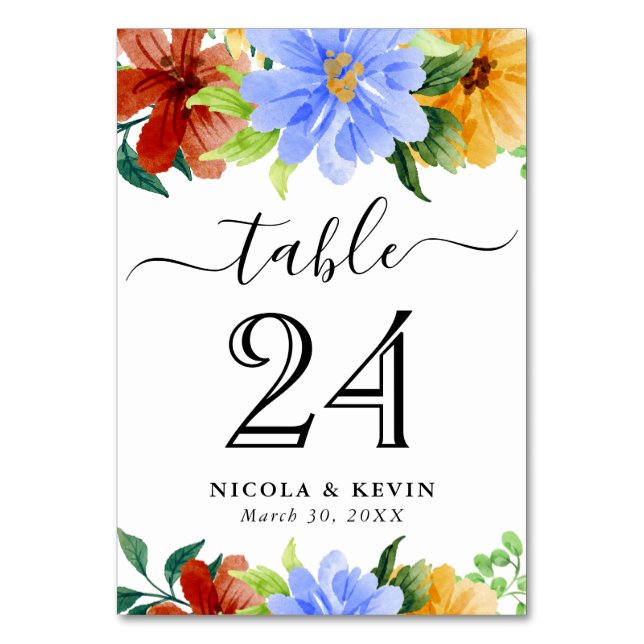 Numeração De Mesa Flores Vermelhas, Amarelas e Azuis Casamento (Frente)