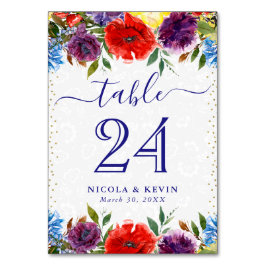 Numeração De Mesa Flores Vermelhas e Azuis de Verão Casamento