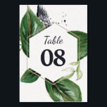 Numeração De Mesa Folha verde moderna da selva tropical<br><div class="desc">Número de mesa moderno e em voga com uma bela ilustração das folhas verdes da selva tropical. Edite facilmente seus detalhes em fontes de cinzas escuras contemporâneas sobre uma forma branca geométrica com um quadro de ouro de tendência (falsa ouro - impresso). Esta tabela é parte da coleção "Casamento Selvagem...</div>