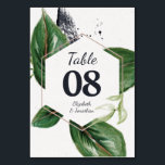 Numeração De Mesa Folha verde moderna da selva tropical<br><div class="desc">Número de mesa moderno e em voga com uma bela ilustração das folhas verdes da selva tropical. Edite facilmente seus detalhes em fontes de cinzas escuras contemporâneas sobre uma forma branca geométrica com um quadro de ouro de tendência (falsa ouro - impresso). Esta tabela é parte da coleção "Casamento Selvagem...</div>