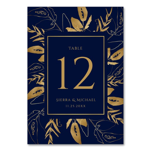 Numeração De Mesa Folhagem do ouro | Casamento Azul-Marinho Dourado  (Frente)