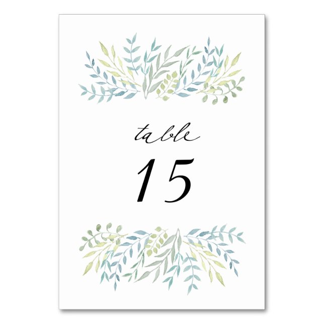 Numeração De Mesa Folhas de Aquarela no Casamento de Matizes Verdes (Frente)