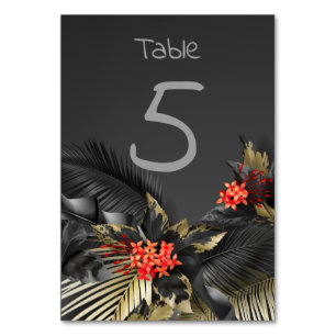 Numeração De Mesa Folhas de ouro e preto tropicais Casamento