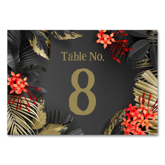 Numeração De Mesa Folhas de ouro e preto tropicais Casamento (Frente)
