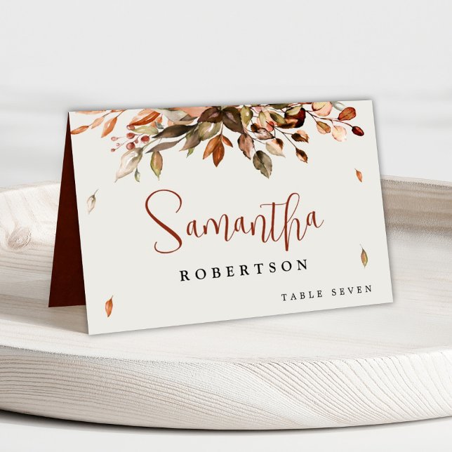 Numeração De Mesa Folhas de Outono Rustico País Nome do Convidado (Autumn Fall wedding place card with printable / customizable guest name and table number)