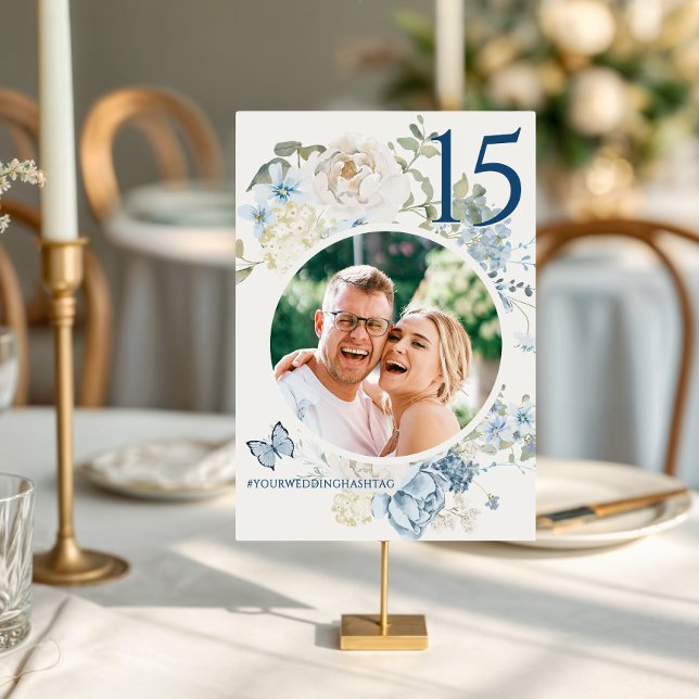 Numeração De Mesa Foto Romântica De Casamento Floral Azul (Criador carregado)