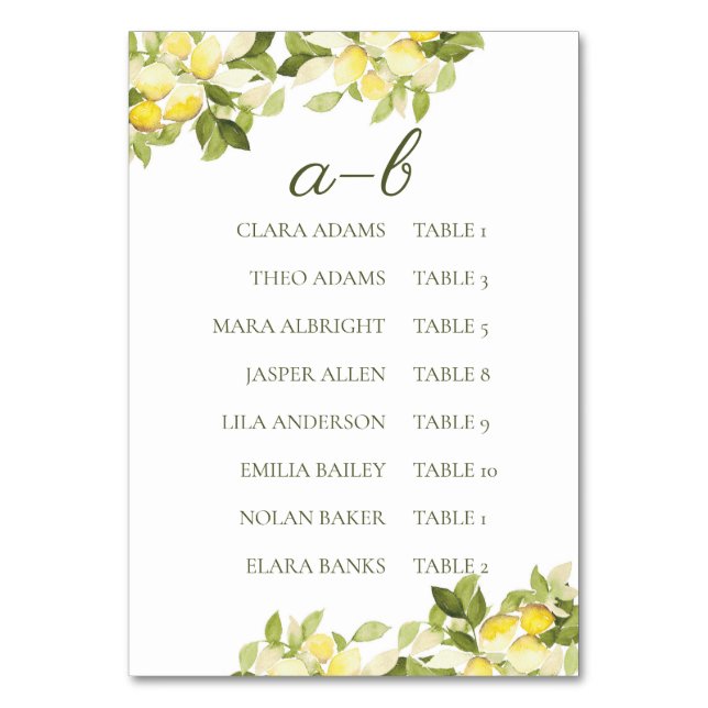 Numeração De Mesa Fresh Lemon Bright Botanical Alphabet (Frente)