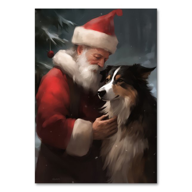 Numeração De Mesa Fronteira Collie com Papai Noel Natal Festivo (Frente)