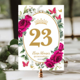 Numeração De Mesa Fuchsia Hot Pink Floral Butterflies Quinceanera XV