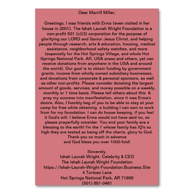 Numeração De Mesa Fundação Ishah Laurah Wright (Verso)