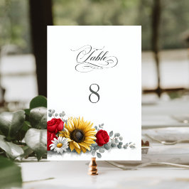 Numeração De Mesa Girassol e Rosa Vermelha Floral Casamento