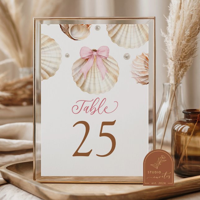 Numeração De Mesa Girl Pink Bow Shell Baby Shower Table Number (Criador carregado)