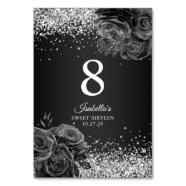 Numeração De Mesa Glam Floral Preto Brilho Prata Sweet Sixteen