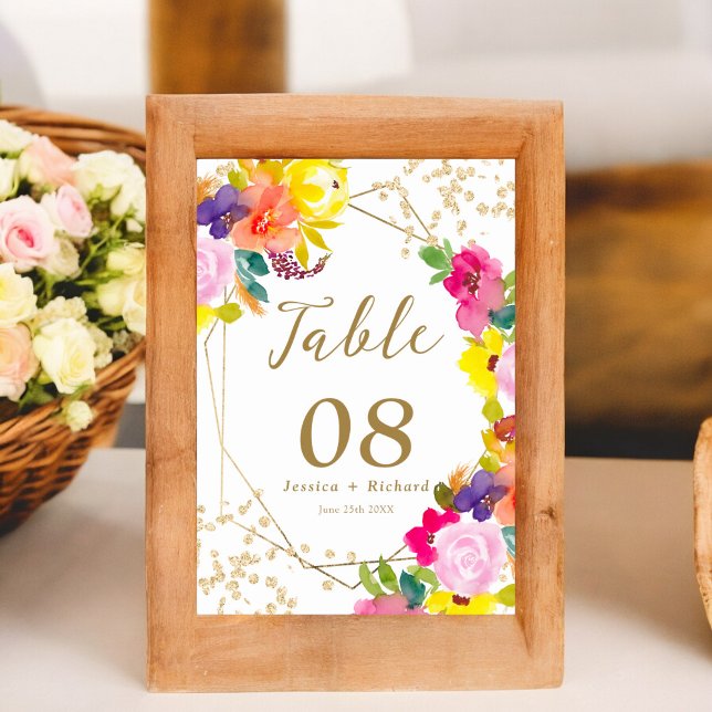 Numeração De Mesa Glitter Dourado boho bold cor d'água floral (Gold glitter boho bold floral watercolor chic table number)