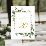 Numeração De Mesa Glitter Dourado de Casamento Verde Botânico 20,<br><div class="desc">Mesa 20. Verifique todos os números disponíveis. | Este número da tabela de casamento apresenta cor d'água,  eucalipto verde e folhas verdes,  pintadas com uma falso cor dourada,  estrutura retangular,  texto e número. Para uma personalização mais avançada deste design,  clique no BOTÃO FERRAMENTA DESIGN AZUL acima!</div>
