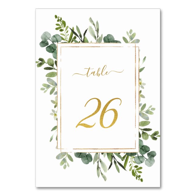 Numeração De Mesa Glitter Dourado de Casamento Verde Botânico 26, (Frente)