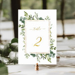 Numeração De Mesa Glitter Dourado de Casamento Verde Botânico Número<br><div class="desc">Mesa 2. Verifique todos os números disponíveis. | Este número da tabela de casamento apresenta cor d'água,  eucalipto verde e folhas verdes,  pintadas com uma falso cor dourada,  estrutura retangular,  texto e número. Para uma personalização mais avançada deste design,  clique no BOTÃO FERRAMENTA DESIGN AZUL acima!</div>