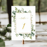 Numeração De Mesa Glitter Dourado de Casamento Verde Botânico Número<br><div class="desc">Mesa 1. Verifique todos os números disponíveis. | Este número da tabela de casamento apresenta cor d'água,  eucalipto verde e folhas verdes,  pintadas com uma falso cor dourada,  estrutura retangular,  texto e número. Para uma personalização mais avançada deste design,  clique no BOTÃO FERRAMENTA DESIGN AZUL acima!</div>