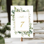 Numeração De Mesa Glitter Dourado de Casamento Verde Botânico Número<br><div class="desc">Mesa 7. Verifique todos os números disponíveis. | Este número da tabela de casamento apresenta cor d'água,  eucalipto verde e folhas verdes,  pintadas com uma falso cor dourada,  estrutura retangular,  texto e número. Para uma personalização mais avançada deste design,  clique no BOTÃO FERRAMENTA DESIGN AZUL acima!</div>