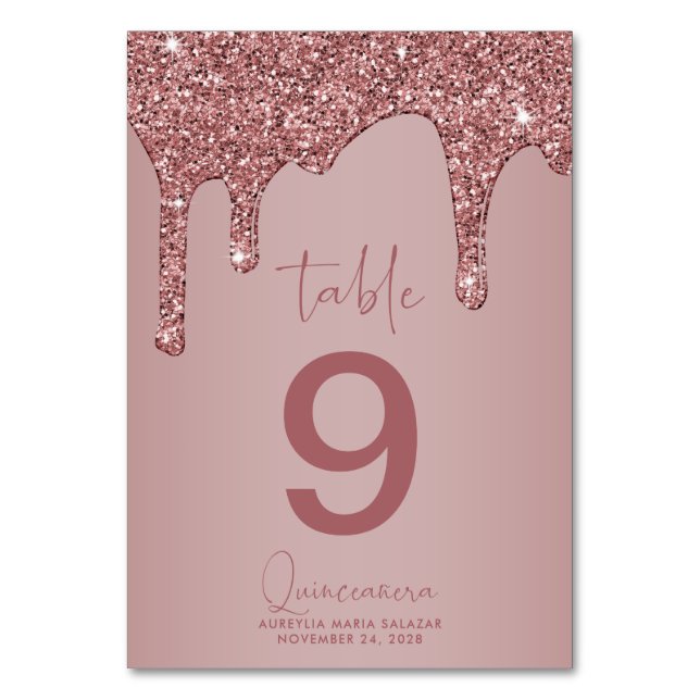 Numeração De Mesa Glitter Dourado de Rosa de luxo Quinceanera (Frente)