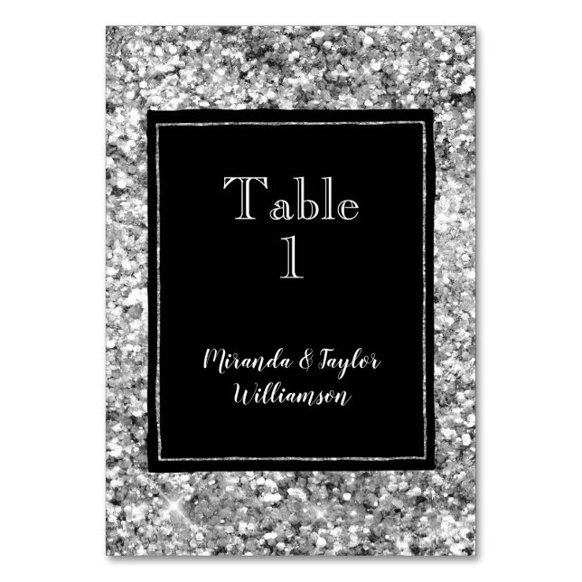 Numeração De Mesa Glitter Prateado Glam Preto (Frente)