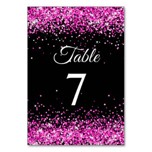 Numeração De Mesa Glitter Rosa Quente Caligrafia Preta Elegante