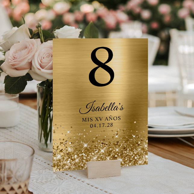 Numeração De Mesa Glittery Dourado Folha Mis XV Anos (Glittery Gold Foil Mis XV Anos Table Number)