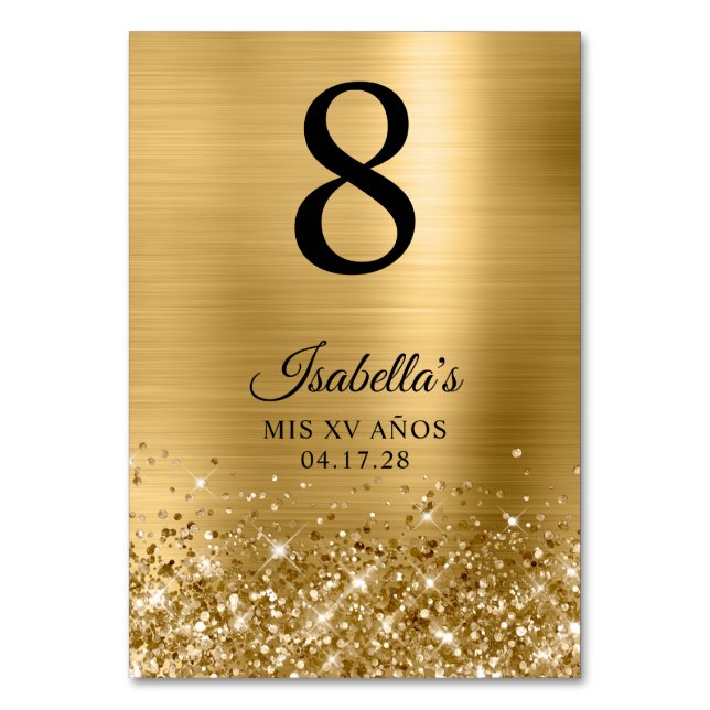 Numeração De Mesa Glittery Gold Foil Mis XV Anos (Frente)