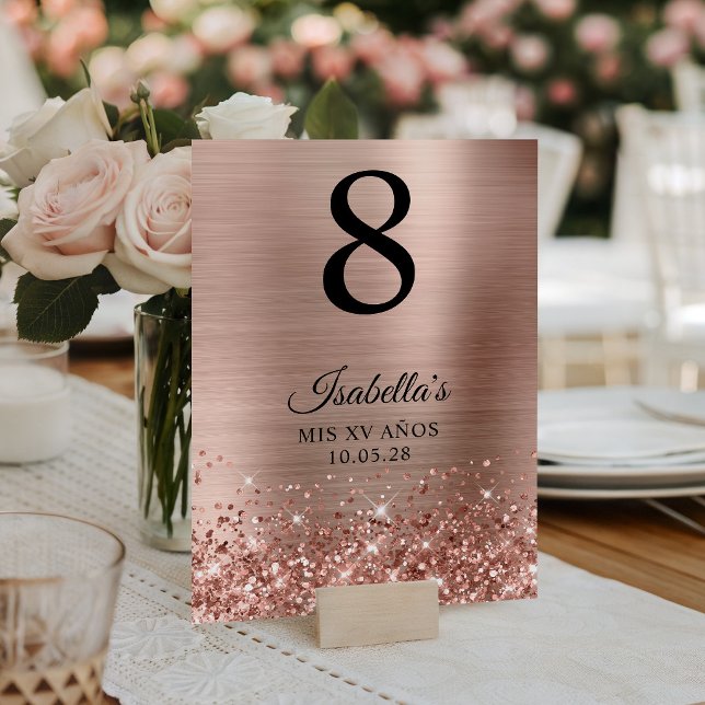 Numeração De Mesa Glittery Rose Gold Folha Mis XV Anos (Glittery Rose Gold Foil Mis XV Anos Table Number)