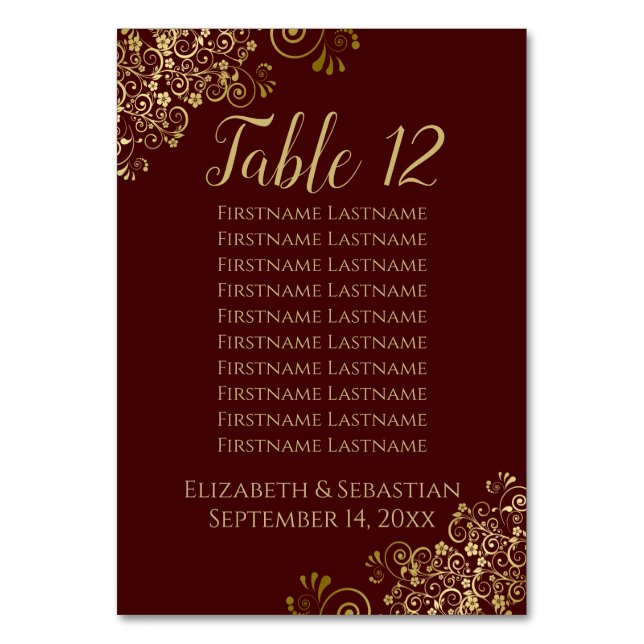 Numeração De Mesa Gold Frills Auburn Brown Wedding Seating Chart (Frente)
