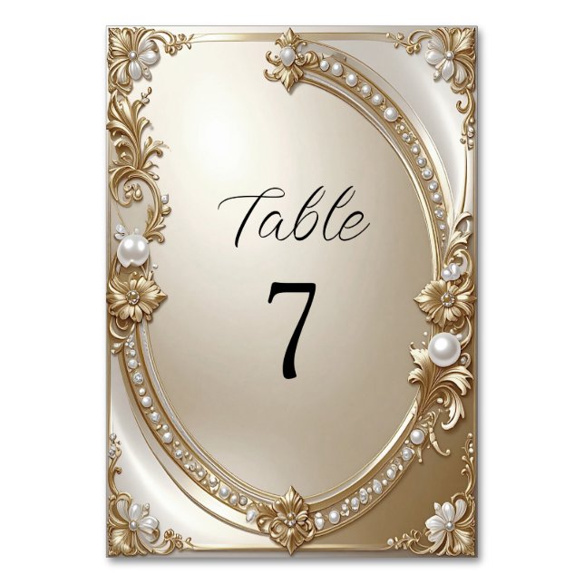 Numeração De Mesa Golden Ornate Frame with Pearls Table Number (Frente)