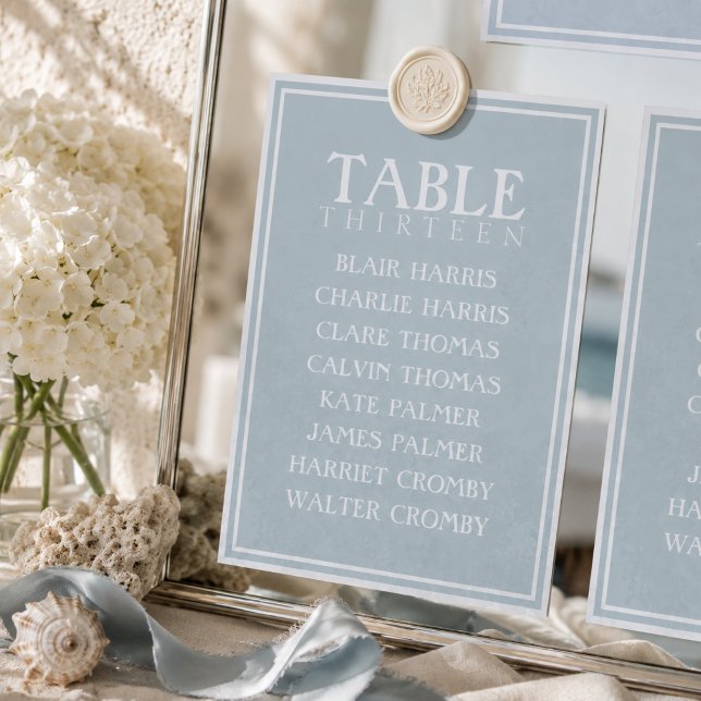 Numeração De Mesa Gráfico de Assentos de Casamento Azul Desbotado à  (Dusty Blue Coastal Wedding Seating Chart Table Number)