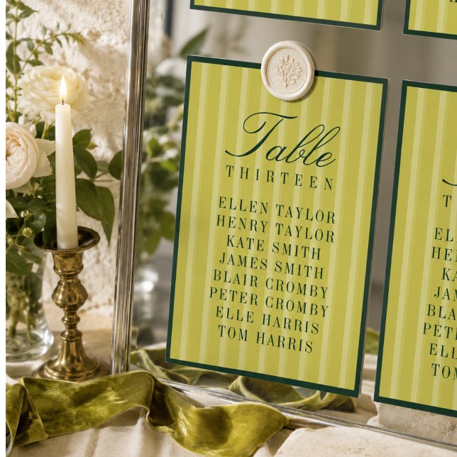 Numeração De Mesa Gráfico de Assentos de Casamento Listrado em Chart (Elegant Chartreuse Striped Wedding Seating Chart Table Number)