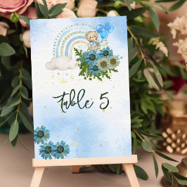Numeração De Mesa Gráfico Sentado Beary Boho Rainbow Balão Azul