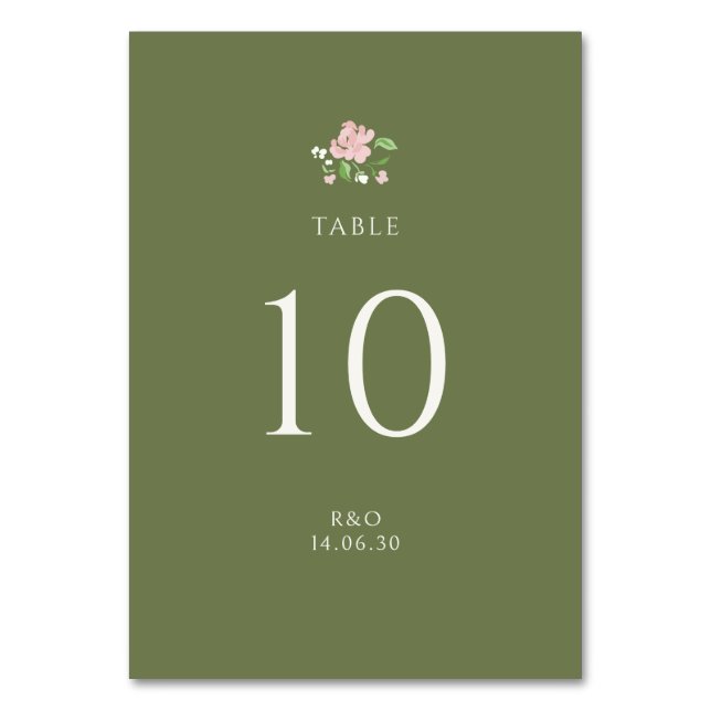 Numeração De Mesa Green | Chic Floral Rose Wedding Table Number Card (Frente)