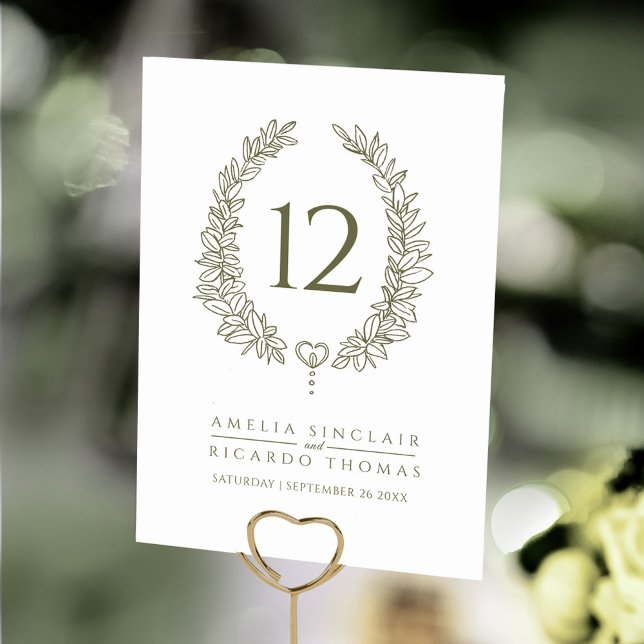 Numeração De Mesa Grinalda oval de folhas oliva verde branco casamen (Criador carregado)
