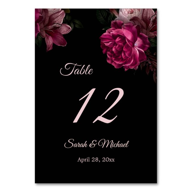 Numeração De Mesa Hand Painted Roses Dark Moody Floral Wedding   (Frente)
