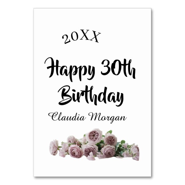 Numeração De Mesa Happy 30th birthday pink white mauve floral name y (Frente)