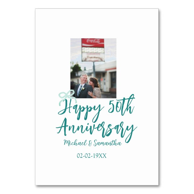 Numeração De Mesa Happy 50th anniversary photo turquoise bow name da (Frente)
