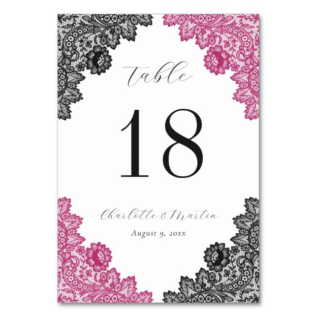Numeração De Mesa Hot Pink and Black Floral Lace Wedding (Frente)