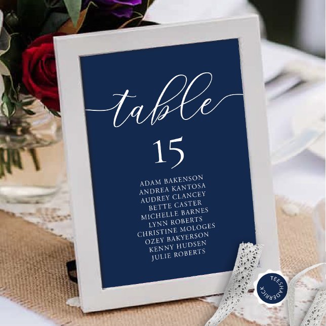 Numeração De Mesa Janto Casado, Romance Guest Seating Chart, (Wedding Dinner, Romance Guest Seating Chart Card, in Classy Navy Blue, with Table Number and Names.)