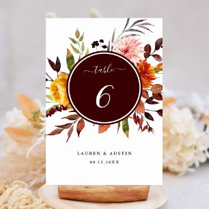 Numeração De Mesa Jardim de Outono Casamento Aquarela Burgundy 
