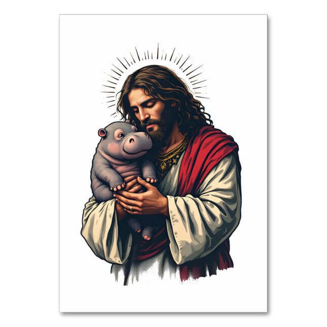 Numeração De Mesa Jesus segurando um bebê Moo Deng Hippo (Frente)