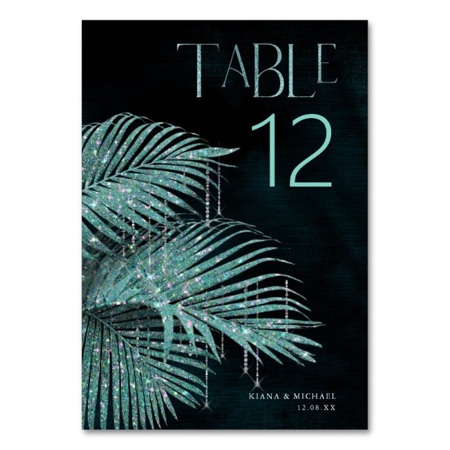 Numeração De Mesa Jewel Palm Leaf Wedding Teal ID830 (Frente)